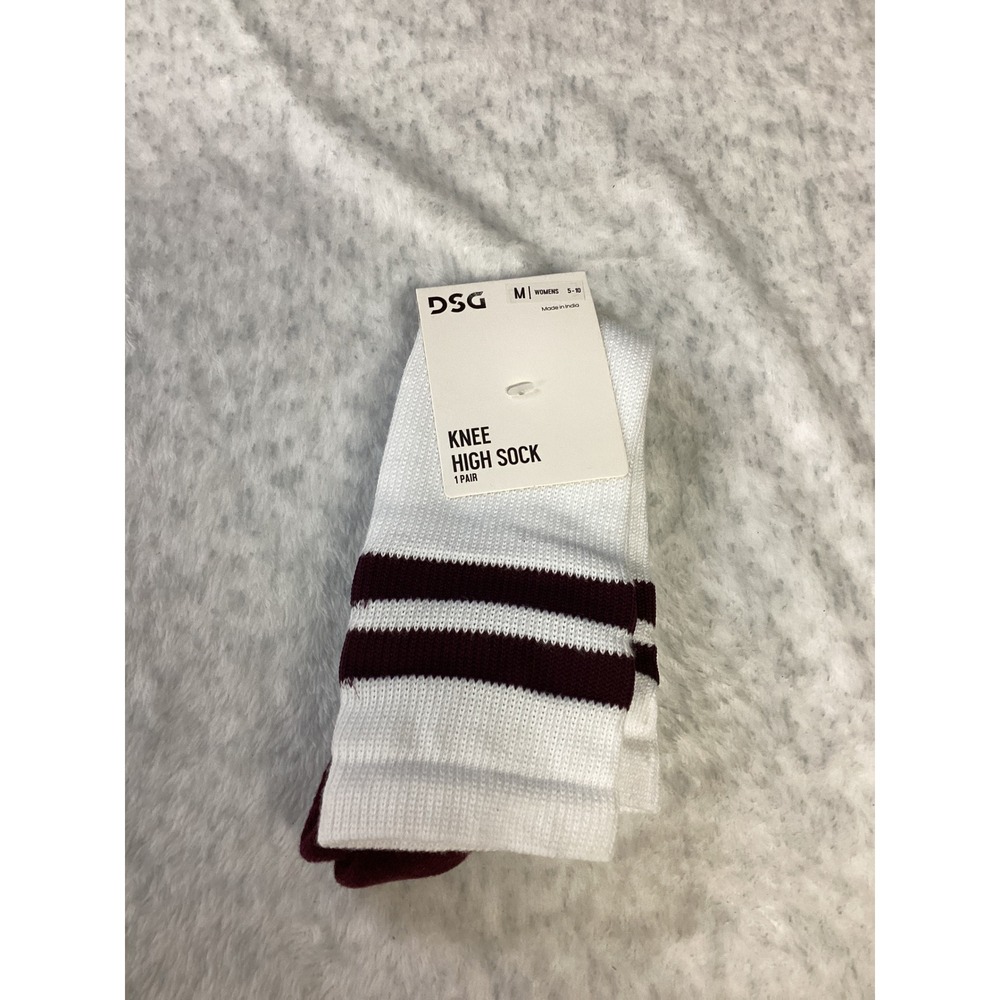 DSG Womens Knee High Socks White Team Burgundy Striped Athletic Size M 5-10 NEW